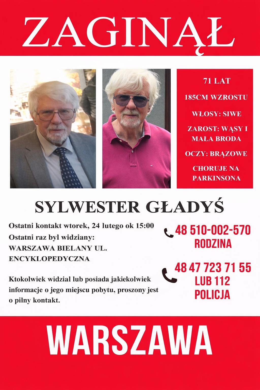 Zaginął 71-letni Sylwester Gładyś. Policja apeluje o pilną pomoc